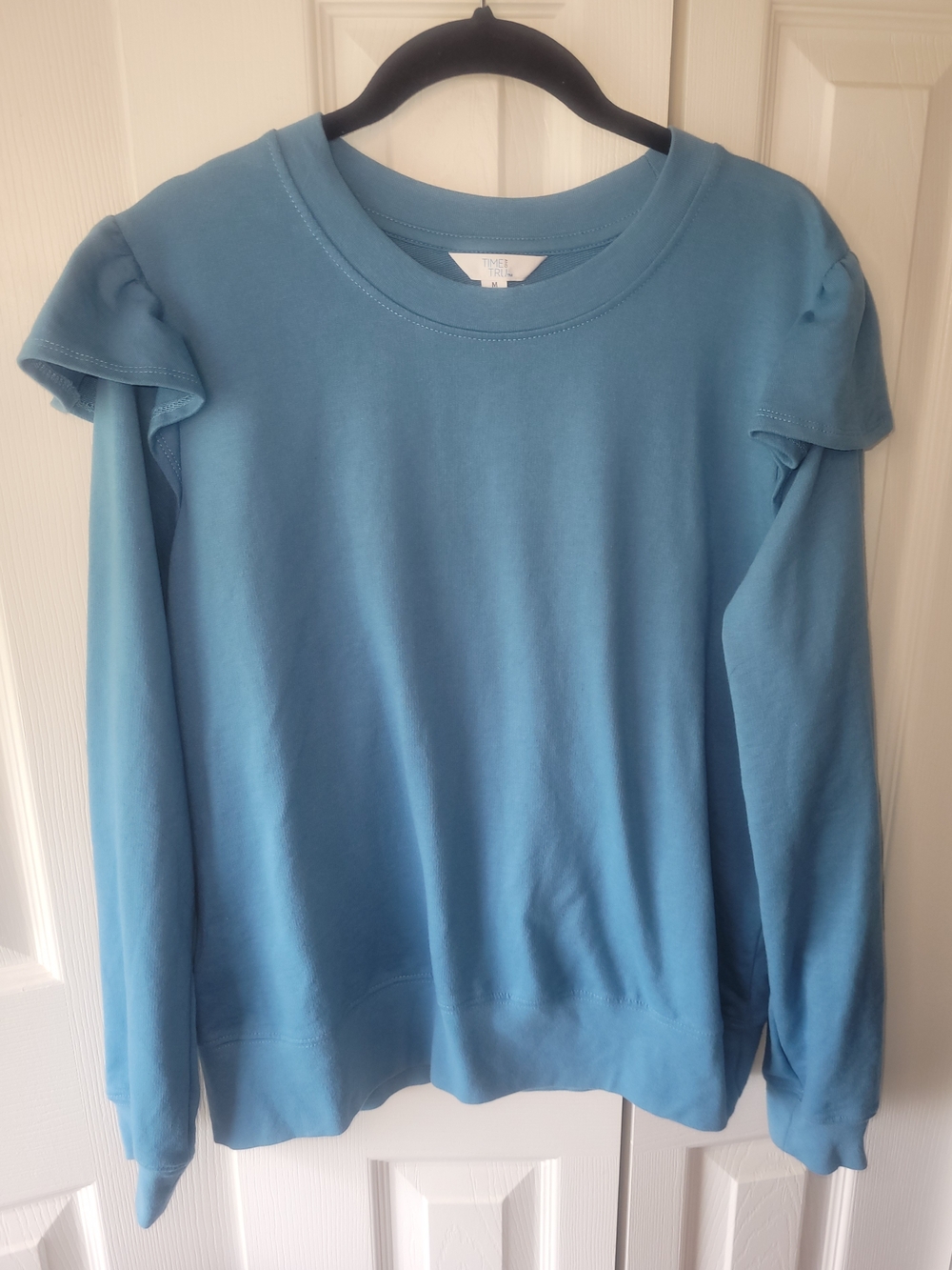 Time and Tru Light Blue Ruffle Shoulder Sweatshirt